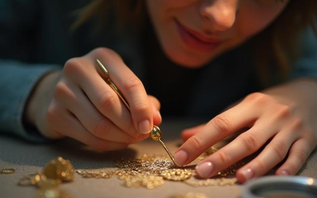 Artesana diseñando joyas con filigrana dorada