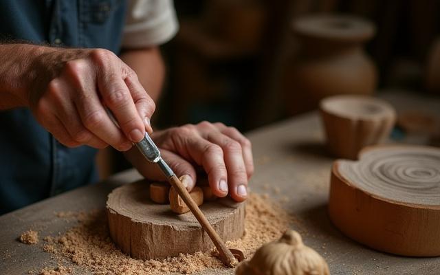Artesano tallando una figura de madera con herramientas manuales