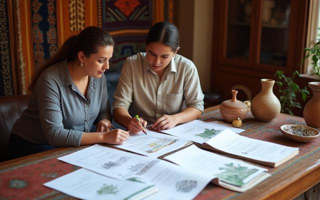 Dos personas colaborando en una mesa con mapas y documentos, rodeadas de artesanías tradicionales de Colombia.